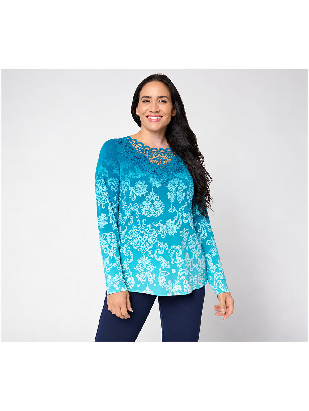 Susan Graver Regular Printed Liquid Knit Top with Lace Applique Turquoise, Large